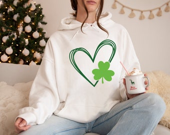 Saint Patrick's Day Heart Hoodie, Shamrock Heart Hoodie, Clover Heart Hoodie, St Paddys Day Hoodie, Four Leaf Clover Hoodie, Lucky Hoodie