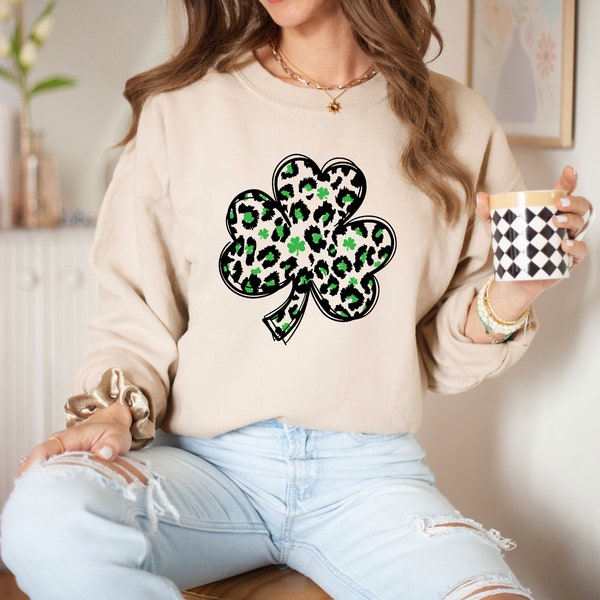 Leopard Print Shamrock Sweatshirt, St. Patricks Day Sweatshirt, Shamrock Lucky Sweatshirt, Four Leaf Clover Sweatshirt, Irish Sweatshirt