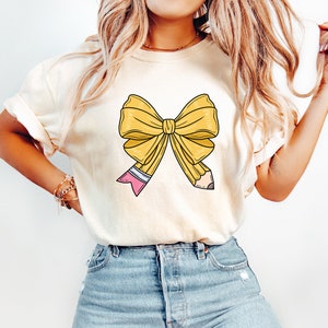 Comfort Colors T-Shirt\ Pencil Bow T-Shirt, Teacher Pencil Coquette Bow Shirt, Back to School Shirt, Teacher Bow Shirt, Teacher Pencil Shirt