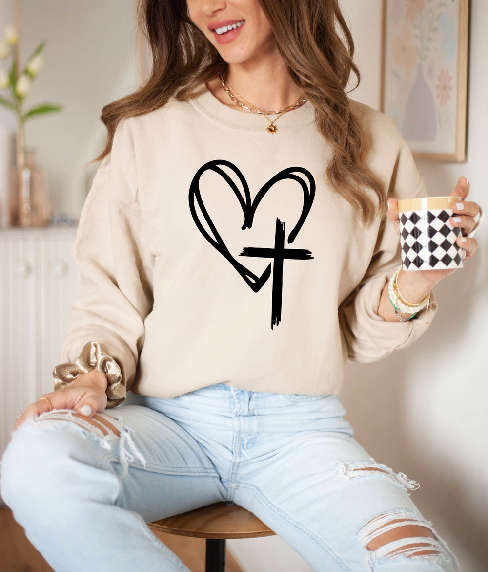 Cross Heart Sweater Cross In Heart Sweatshirt, Heart Cross Sweatshirt, Christian Sweatshirt, Christian Gift, Religious Sweatshirt, Faith Sweatshirt Hearth Sweatshirt Men Women Teerealmstore