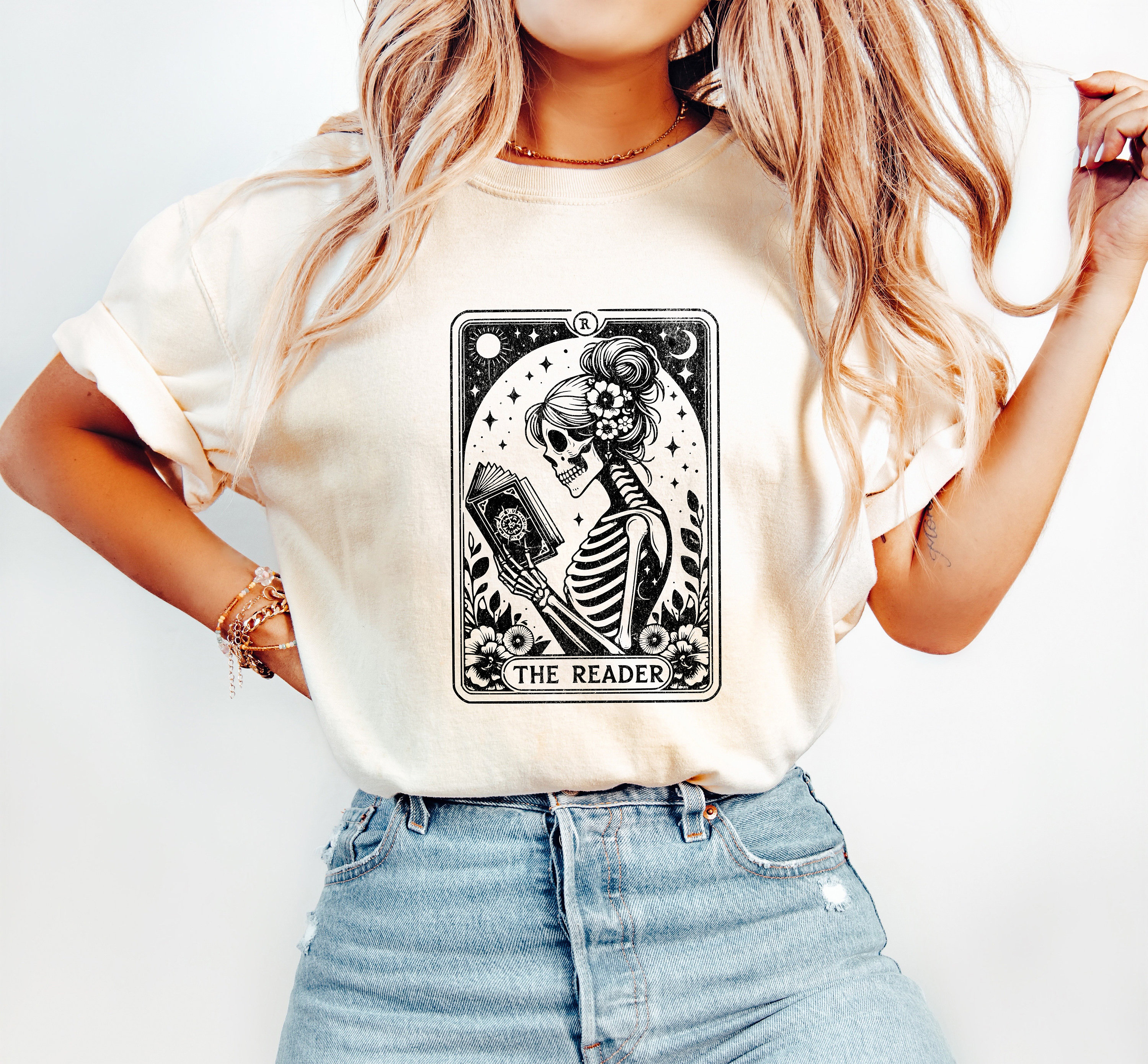 Comfort Colors T-Shirt\ The Reader Tarot Card T-Shirt, Skeleton Reading T-Shirt, Tarot Card Skeleton Shirt, Tarot Card Shirt, Book Lover Tee