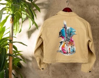 Chaqueta City of Violin: jeans de mezclilla pintados a mano, moda de primavera hecha a mano, prendas de vestir artísticas únicas, prendas de abrigo artísticas