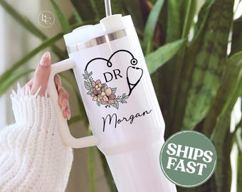 Personalized Doctor Tumbler with Name, 40oz Tumbler with Handle and Straw, Floral DR Cup, Med School Graduation Gift, Custom DR Appreciation