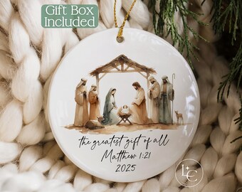 Nativity Christmas Ornament, The Greatest Gift of All Ornament, Christian Christmas Keepsake, Matthew 1:21 Bible Verse Ornament