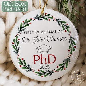 PhD Graduation Ornament, First Christmas as Doctor, Personalized Milestone Keepsake for PhD Graduate with Gift Box