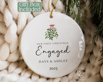 Engagement Ornament Personalized, First Christmas Engaged Ornament,  Couples Ornament, Mistletoe Keepsake
