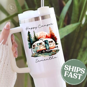 Happy Camper Tumbler, Custom 40 oz Tumbler with Handle, Personalized Camper Mug, Camping Travel Cup, RV Gift for Campers, Camping Lover Gift