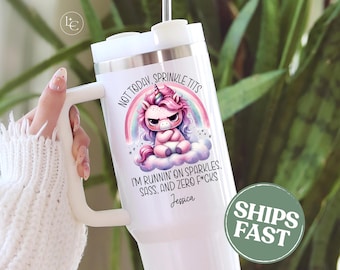 Custom Unicorn Tumbler, Personalized 40 oz Tumbler with Handle, Funny Unicorn Travel Cup, Sassy Rough Day Gift, Rude Unicorn Travel Mug