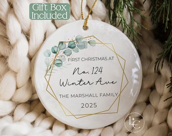New Home Christmas Ornament - Personalized Gold and Eucalyptus New House Ornament
