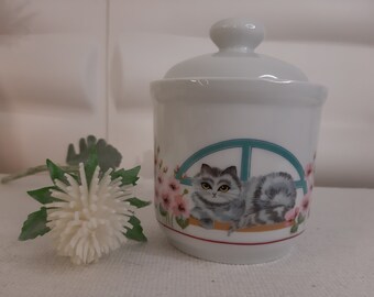 Pot - Funny Designs Box, Allemagne de l'Ouest, avec chaton et fleurs, Vintage