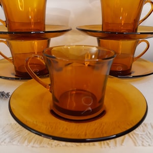 Set of 6 coffee cups and saucers, Duralex Spain, amber color, Vintage, 70s