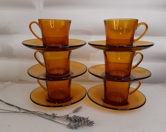 Duralex Set of 3 Orange Coffee / Espresso Cups and Saucers 