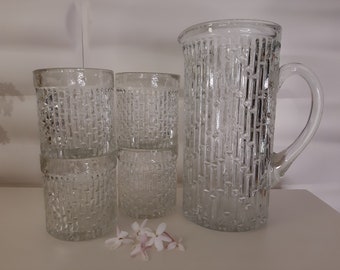 Juice or water jug set with 4 glasses, clear glass, Vintage