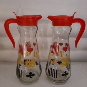 Glass Syrup Jar with plastic lid, with playing card symbols, Vintage