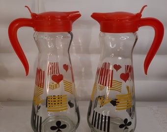 Glass Syrup Jar with plastic lid, with playing card symbols, Vintage