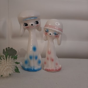 Tall dog couple, long neck, polka dots, Ceramic, Kitsch, Vintage
