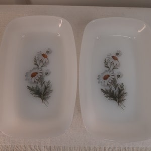 May include: Two white rectangular ceramic dishes with a floral design of white daisies and green leaves.