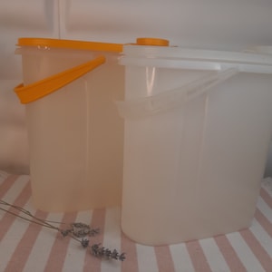 Puede incluir: Dos recipientes de plástico transparente con tapas y asas amarillas. Los recipientes están sobre una superficie rayada rosa y blanca.