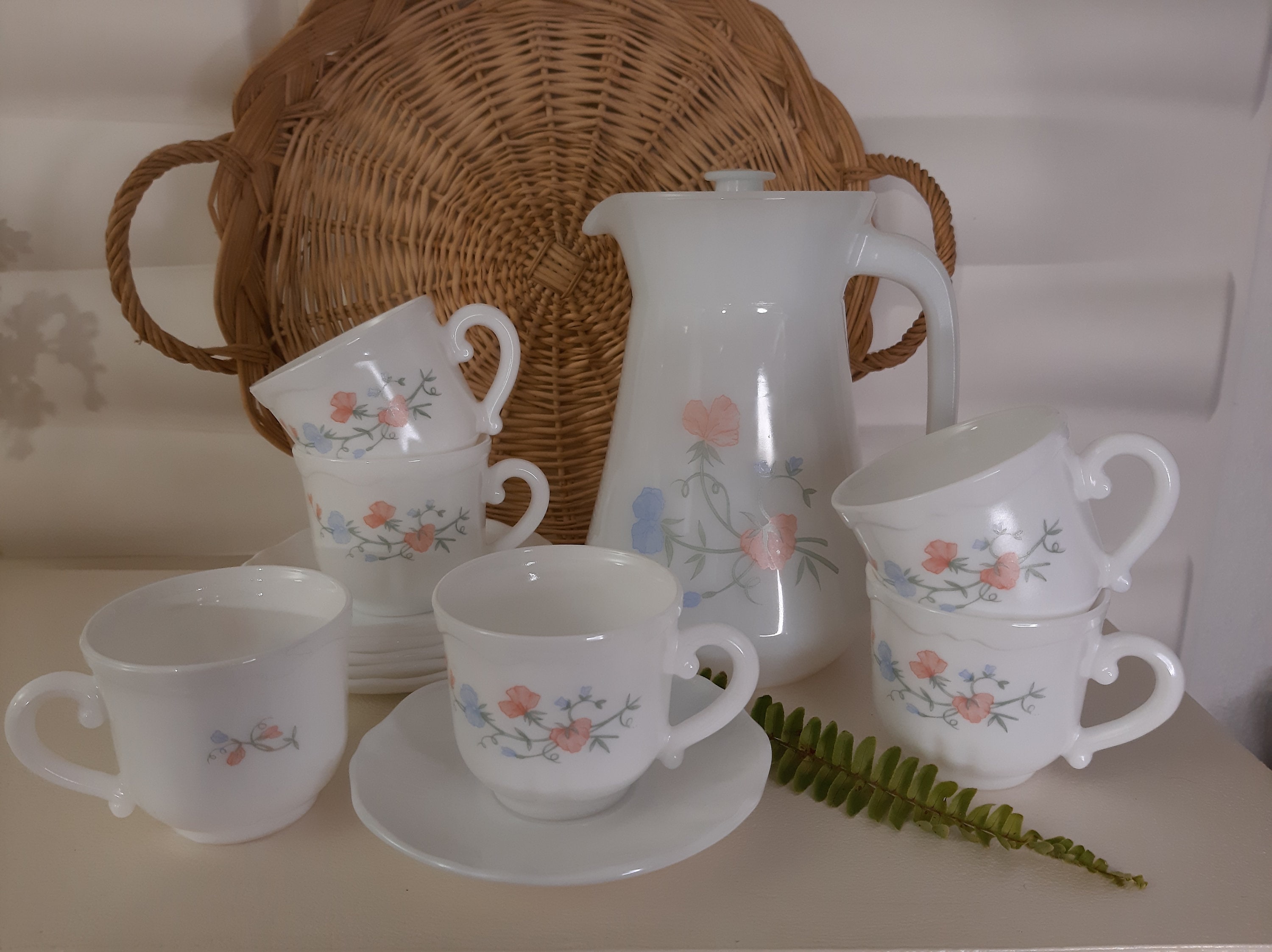 Coffee Set, 6 Cups With Saucers and Pitcher, Arcopal Coffee Set, 6 Cups With Saucers and Pitcher, Arcopal