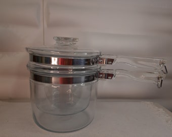 Double boiler Pyrex pan, 2 pans and glass lid, bain-marie, USA, Vintage