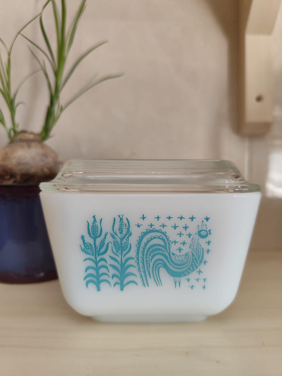 ガラス蓋付きバター皿、パイレックス、アーミッシュ、ターコイズブルー