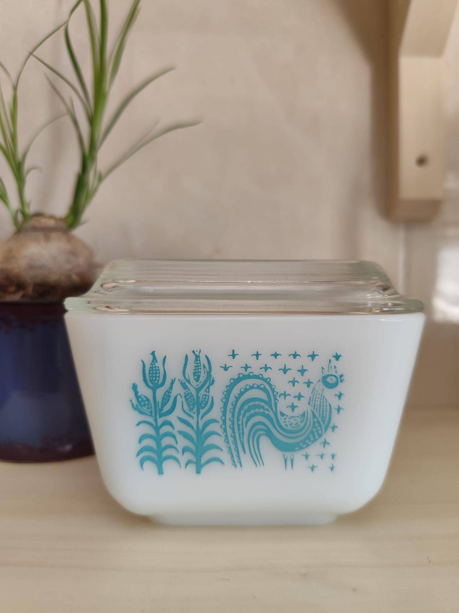 ガラス蓋付きバター皿、パイレックス、アーミッシュ、ターコイズブルー