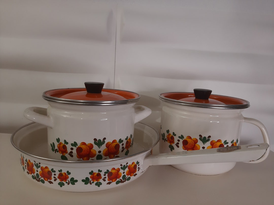 Saucepan, Frying Pan and Kettle With Flowers and Orange Lids, CELAR