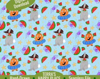 Summerween A Witchy Watermelon Party Seamless Pattern: Hand-Drawn PNG (Digital Download)