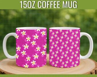 Bright Pink Plumeria Mug Wrap: Hand-Drawn 15oz Tropical PNG File (Digital Download)
