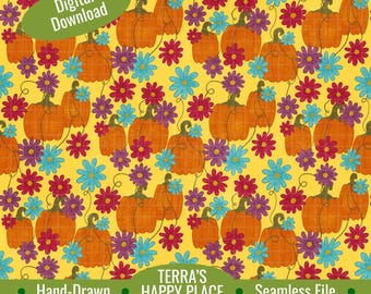 Fall Season Pumpkins and Flowers Seamless Pattern: Hand-Drawn PNG (Digital Download)