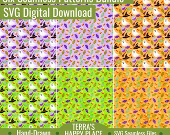 A Spooky Halloween Six Seamless Patterns SVG Bundle: Hand-Drawn Vector Files (Digital Download)