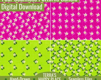 Bright Plumeria Four Seamless Patterns Bundle: Hand-Drawn PNG (Digital Download)