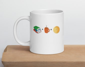 Books plus Coffee equals Happy Ceramic Mug | Sizes 11, 15, 20 oz