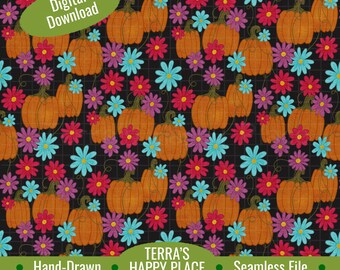 Fall Season Pumpkins and Flowers Seamless Pattern: Hand-Drawn PNG (Digital Download)