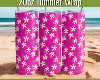 Bright Pink Plumeria Tumbler Wrap: Hand-Drawn 20oz Tropical PNG File (Digital Download)