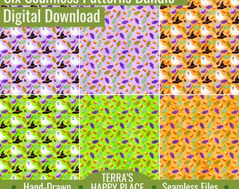 A Spooky Halloween Six Seamless Patterns Bundle: Hand-Drawn PNG (Digital Download)