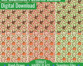 Fall Squirrels and Pumpkins Six Seamless Patterns Bundle: Hand-Drawn PNG (Digital Download)