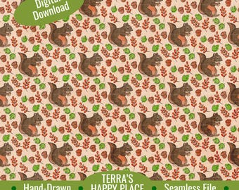 Fall with Squirrels Seamless Pattern: Hand-Drawn PNG (Digital Download)