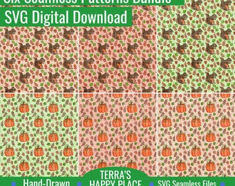 Fall Squirrel and Pumpkins Six Seamless Patterns SVG Bundle: Hand-Drawn Vector Files (Digital Download)