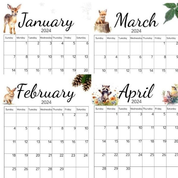 Digital 2024 calendar woodland animals calendar printable calendar desk calendar  office calendar