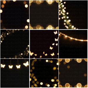 May include: A collage of nine images featuring different variations of bokeh lights. The images feature a black background with various arrangements of blurred, golden lights. Some images include string lights and butterflies.