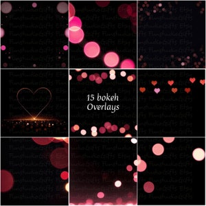 May include: A collage of 15 bokeh overlays with a heart shape and red, pink, and white lights on a black background. The text "15 bokeh Overlays" is in the center of the image.