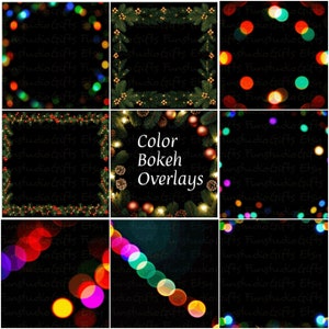 May include: Nine digital images of colourful bokeh overlays, ideal for adding a festive touch to your photographs. The images feature various colours, including red, green, blue, and yellow, and are arranged in a grid pattern. The text "Color Bokeh Overlays" is displayed in the centre of the grid.