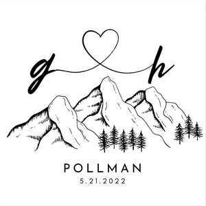 May include: Black and white illustration of a mountain range with a heart and the letters "g" and "h" connected by a line above the mountains. The text "Pollman" and "5.21.2022" are below the mountains.