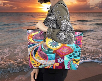 Kleurrijke PU lederen draagtas met Boho-patroon, grote tas, weekendtas, veganistische leren tas, reistas, lerarentas, tas met bovenhandvat