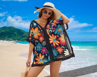 Couverture de bain de plage à manches courtes avec motif fleurs des années 70, couverture de robe de plage, vêtements de plage à manches, couverture de bikini, couverture de maillot de bain