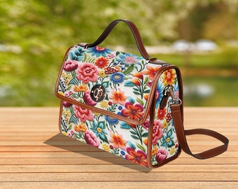 Patrones de bordado de flores mexicanas Bolsa de lona impermeable, Bolsa bandolera de lona, Bolsa bandolera, Bolsa de cartera de lona, Bolsa bandolera diaria