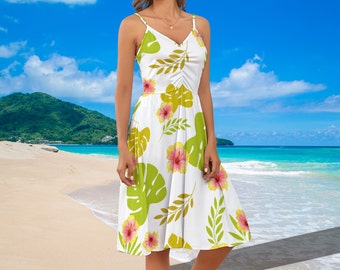 Green Tropical Flowers Patterns  Long suspender dress, Summer Dress, Holiday Dress, Long floral Dress, Floral Printed Dress, Casual dress