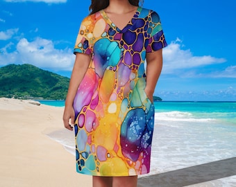 Rainbow Ink Pattern Loose pocket dress, Floral Cotton Dress, Plus Size Cotton Dress, Summer Short Sleeve Dress, Plus Size 5XL