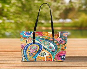 Colorful Boho Patterned Tote Bag, PU Leather Tote Bag, Large Bag, Weekend Bag, Vegan Leather Bag, Daily Bag, Teacher Bag, top handle bag